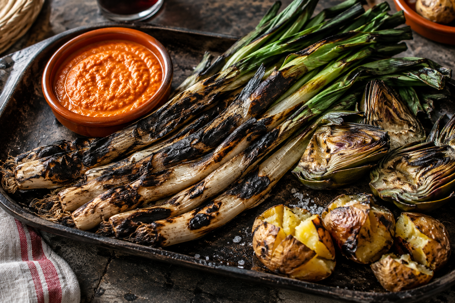 Calçots, carxofes i patates a la brasa
